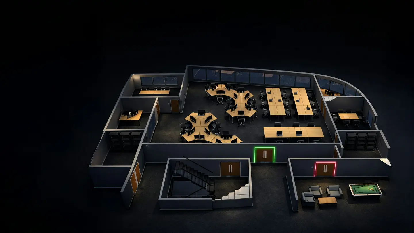 Technology workplace with open desks and meeting space
