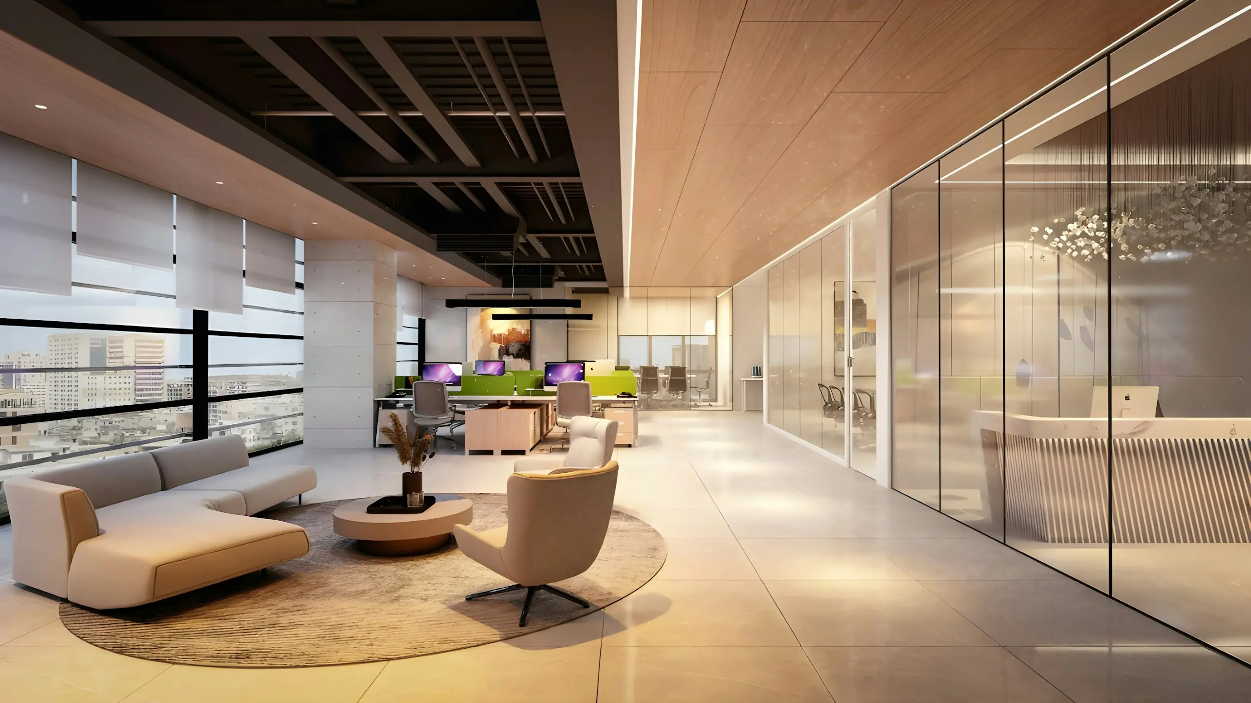 Contemporary commercial office interior with daylight, desks and glazed rooms