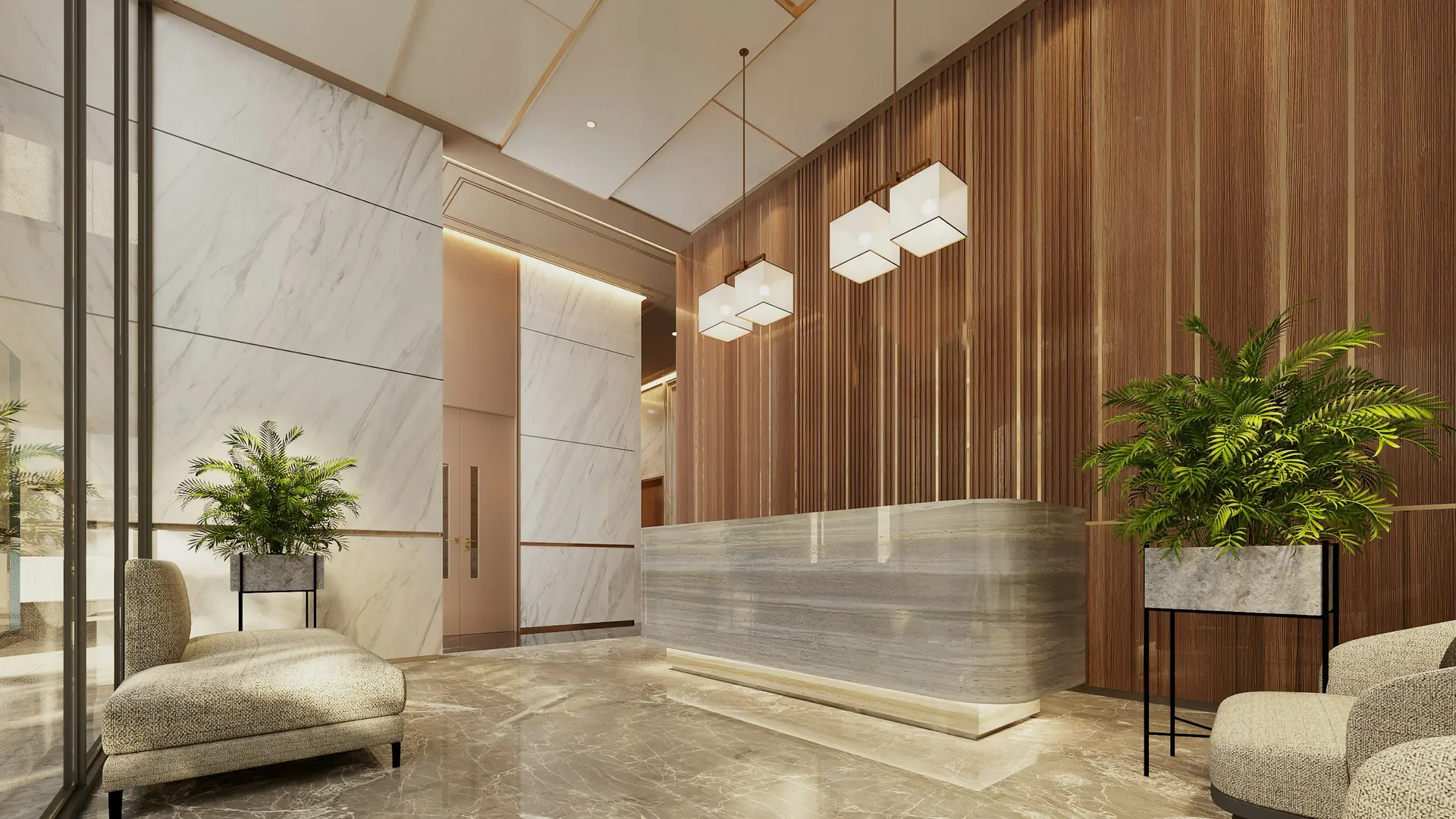 Timber reception desk in a commercial workplace interior