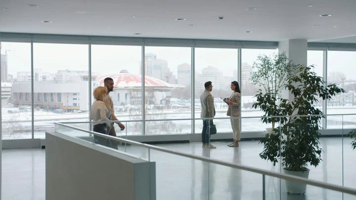 Commercial office circulation alongside glazed internal walls
